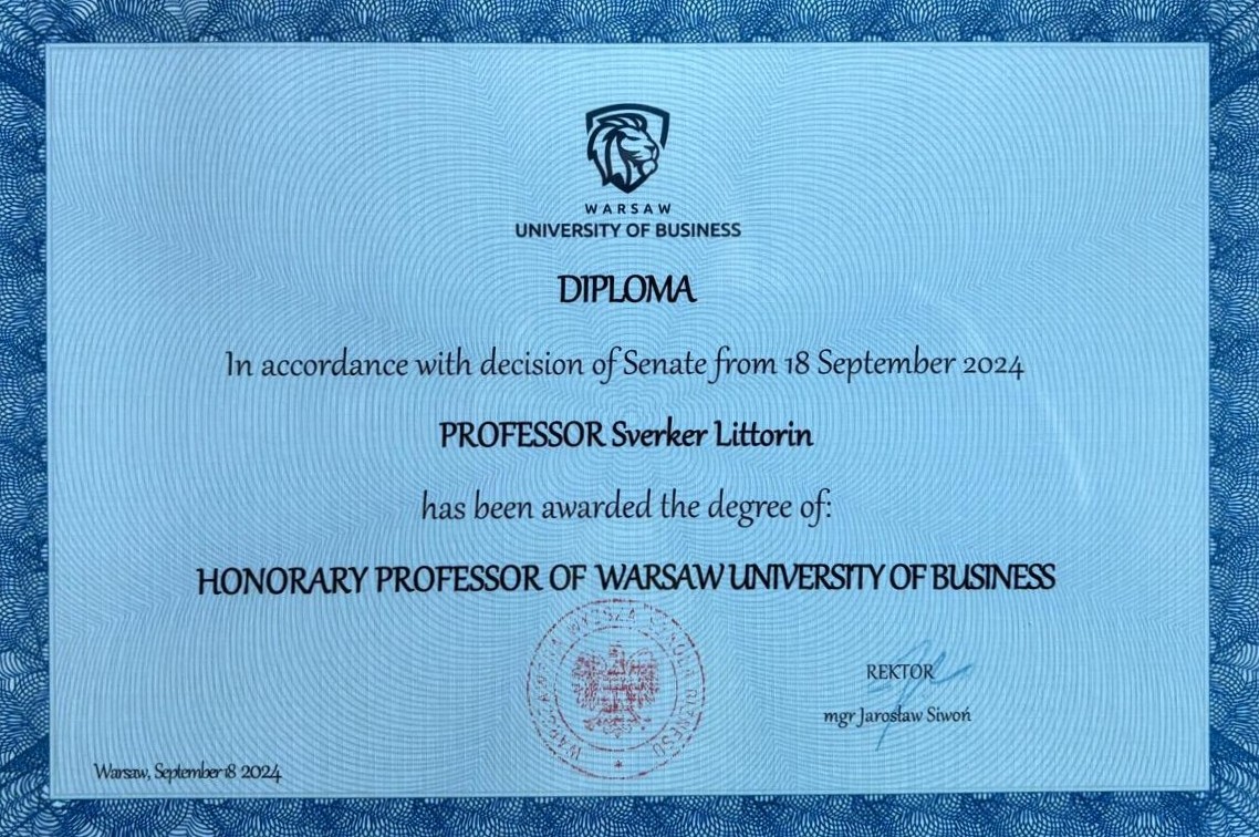 Diplom som hedersprofessor vid Warsaw University of Business