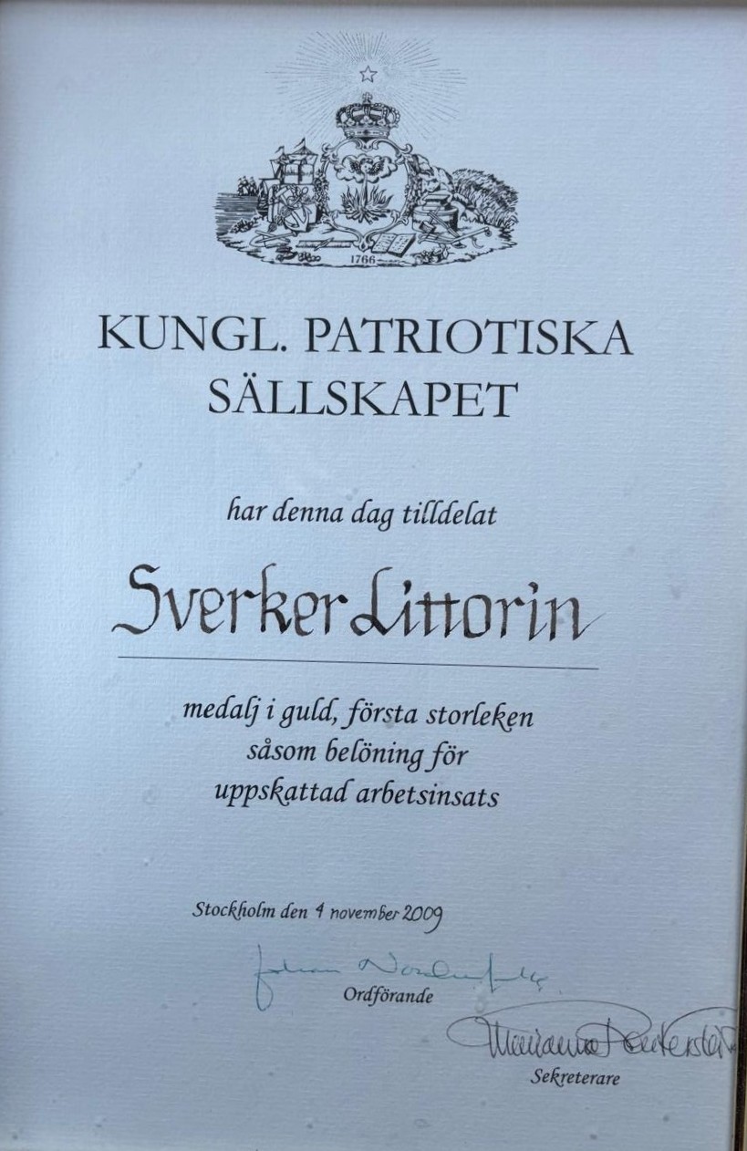 Diplom för Kungl. Patriotiska Sällskapets guldmedalj