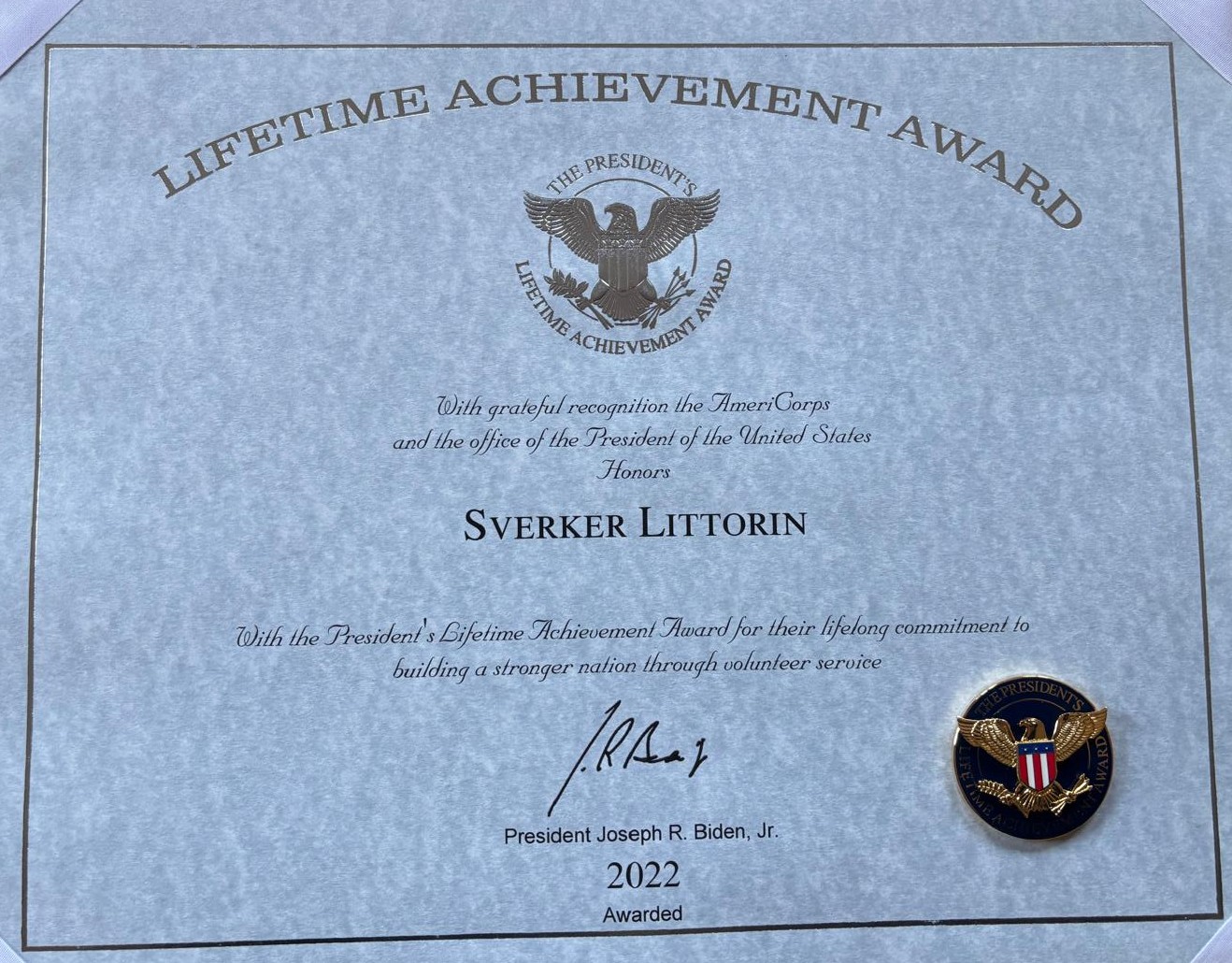 Diplom för President's Lifetime Achievement Award