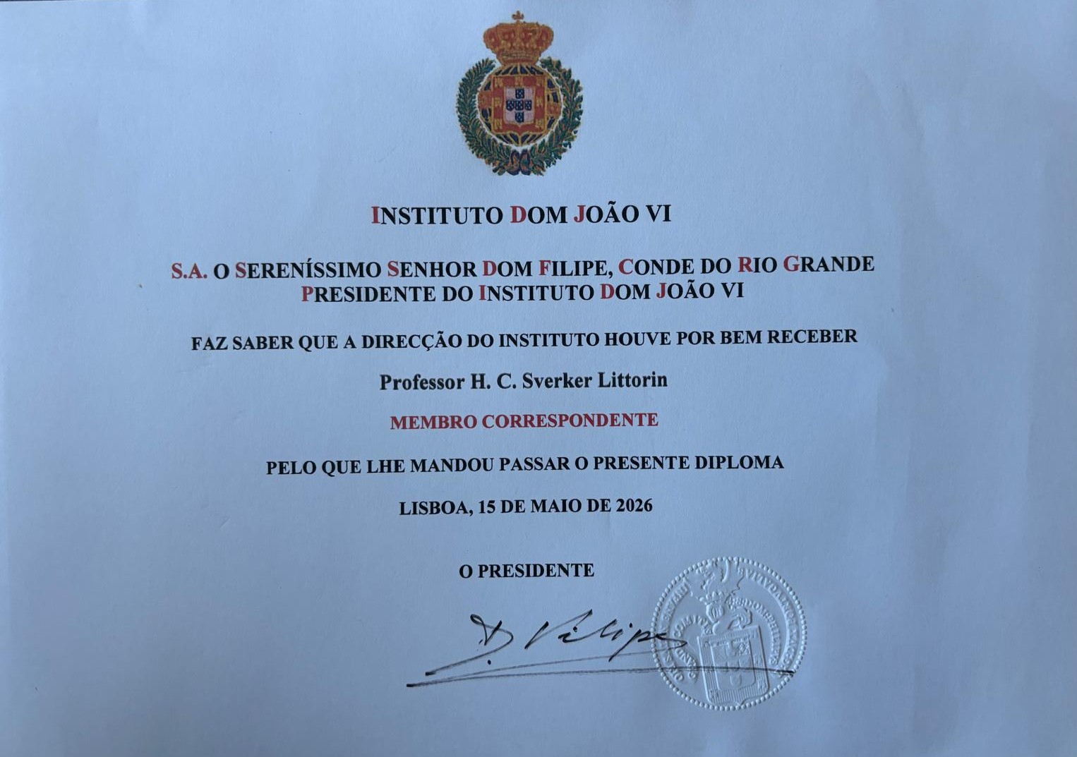 Diplom som korresponderande medlem av Instituto Dom João VI, Lissabon