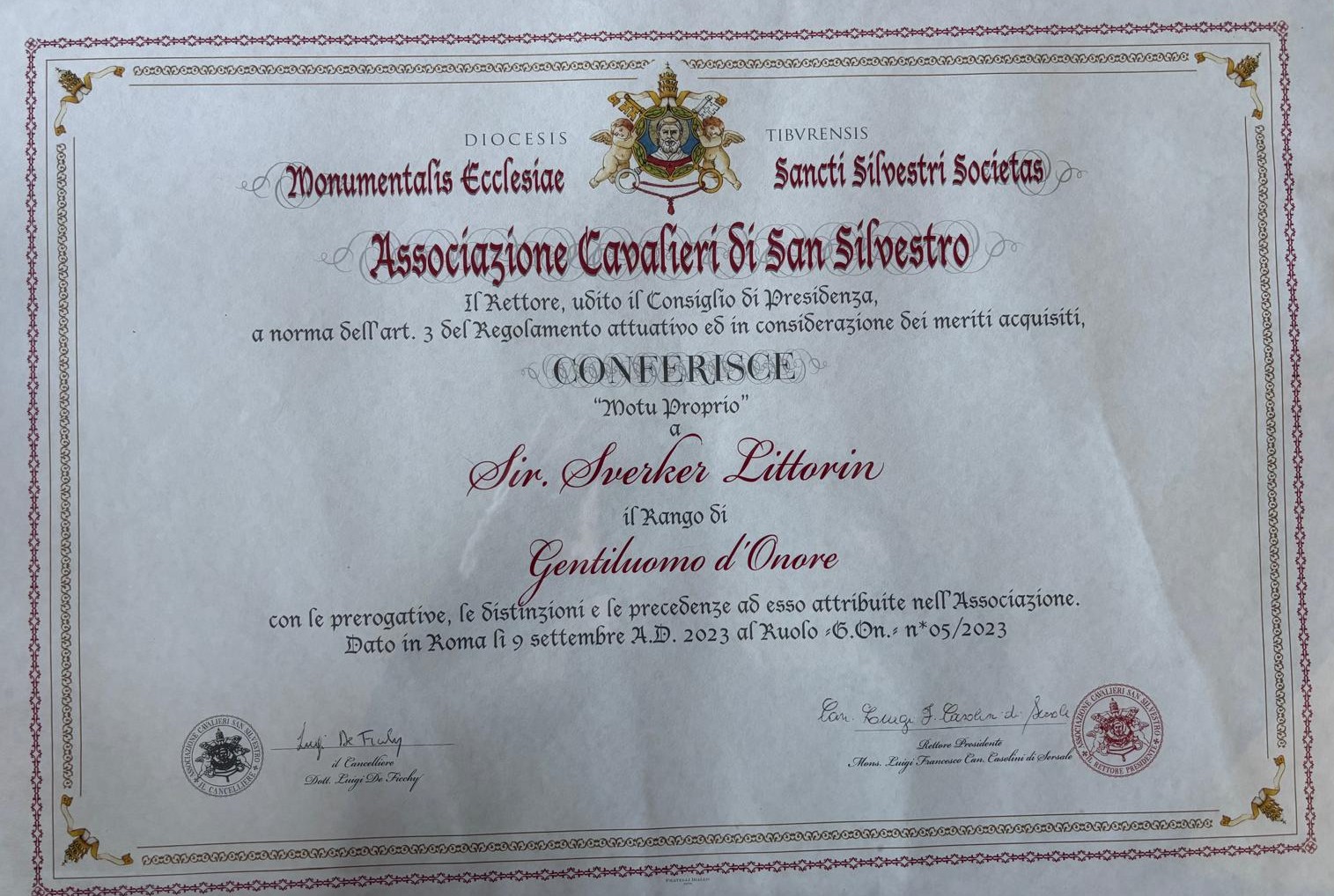 Diplom Gentiluomo d'Onore från Cavalieri di San Silvestro, Rom