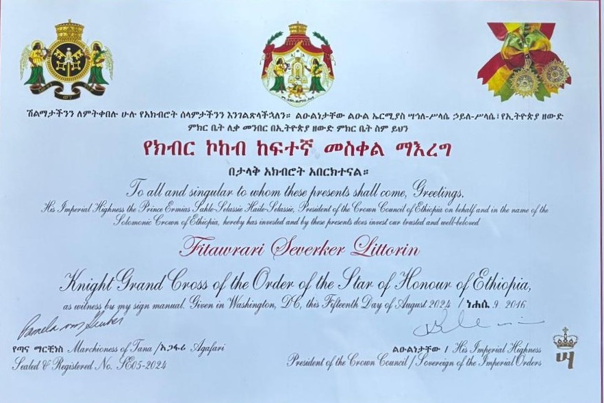 Riddarbrev: Knight Grand Cross of the Order of the Star of Honour of Ethiopia