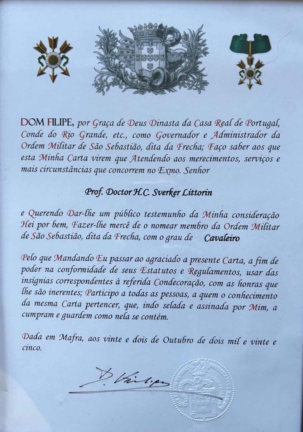 Riddarbrev i Ordem Militar de São Sebastião från Dom Filipe