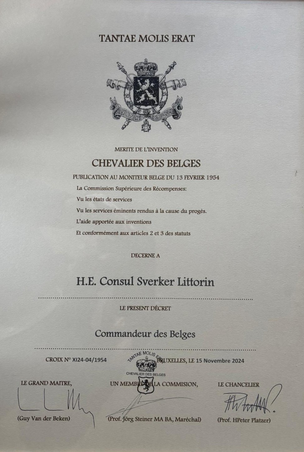 Dekret Chevalier och Commandeur des Belges, Bryssel