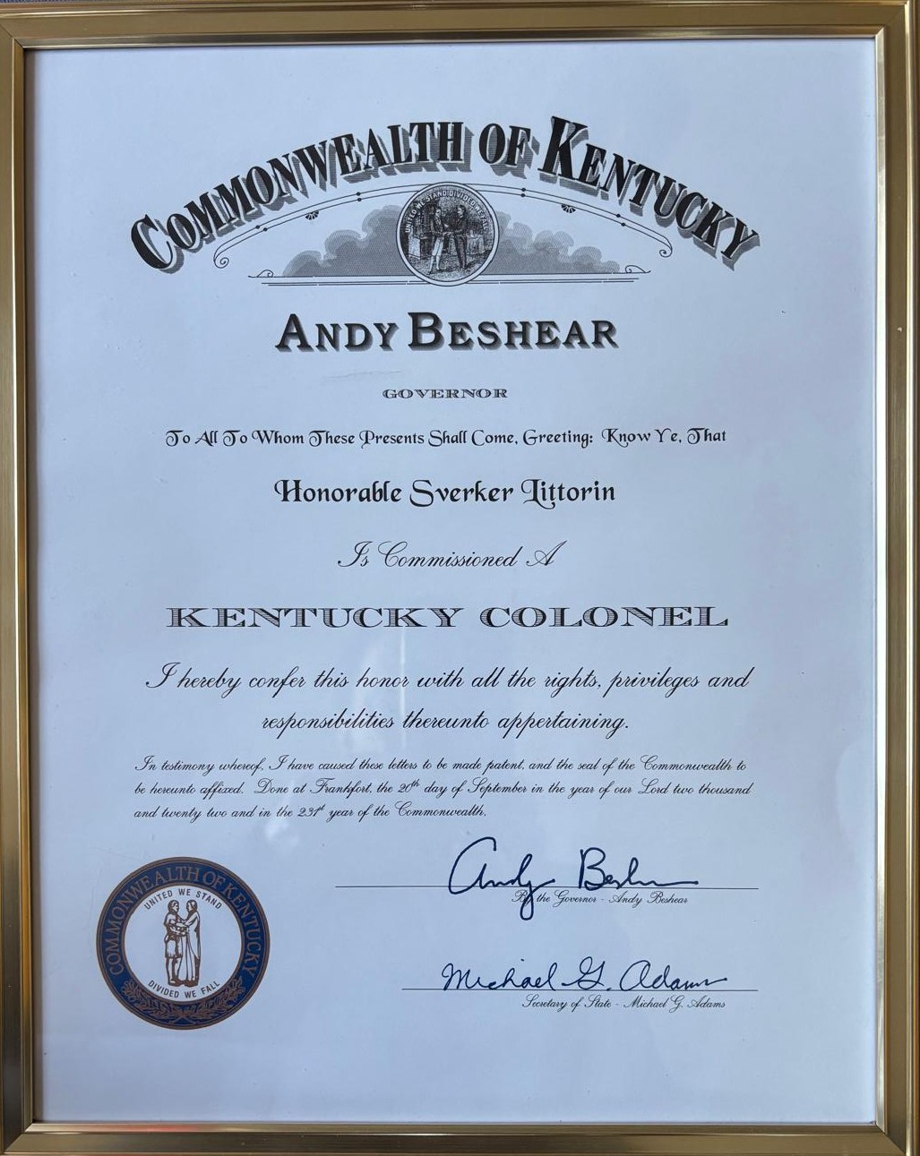 Diplom som Kentucky Colonel från Commonwealth of Kentucky